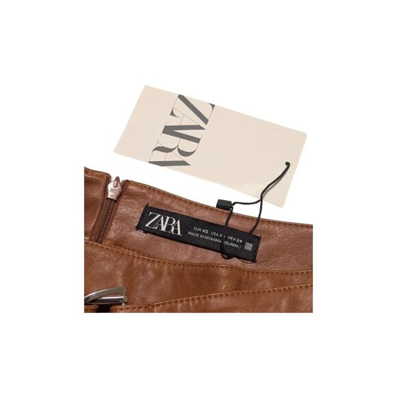 ZARA Faux Leather Belted Skort XS NWT Caramel Brown A-Line Back Zip ButtonDetail - Picture 4 of 5
